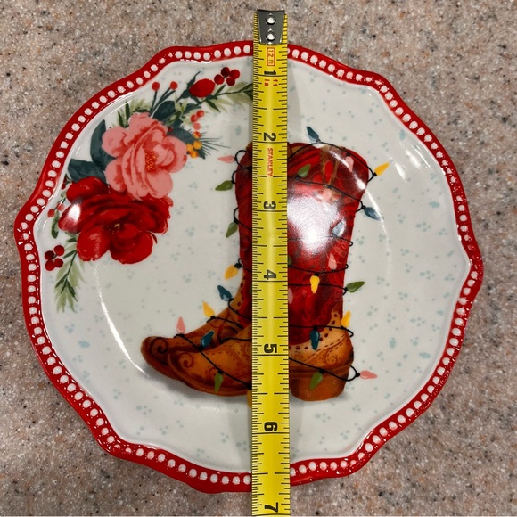 The Pioneer Woman Two 2 Christmas Cheerful Rose Cowboy Boots Dessert Plates Set2 - Picture 5 of 6